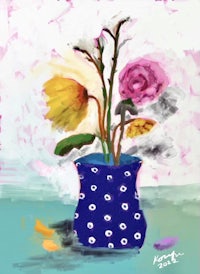 a painting of flowers in a blue vase