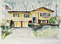 a watercolor painting of a yellow house with an american flag